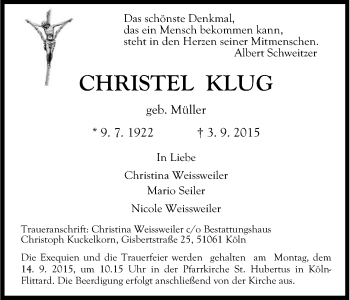 Anzeige von Christel Klug von Kölner Stadt-Anzeiger / Kölnische Rundschau / Express
