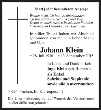 Anzeige von Johann Klein von  Wochenende 