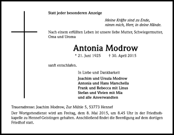 Anzeige von Antonia Modrow von Kölner Stadt-Anzeiger / Kölnische Rundschau / Express