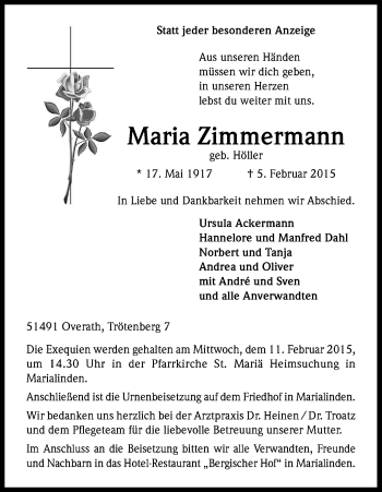 Anzeige von Maria Zimmermann von Kölner Stadt-Anzeiger / Kölnische Rundschau / Express
