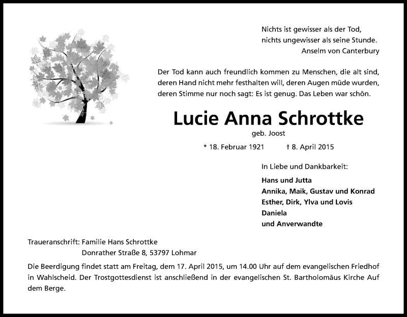  Traueranzeige für Lucie Anna Schrottke vom 14.04.2015 aus Kölner Stadt-Anzeiger / Kölnische Rundschau / Express