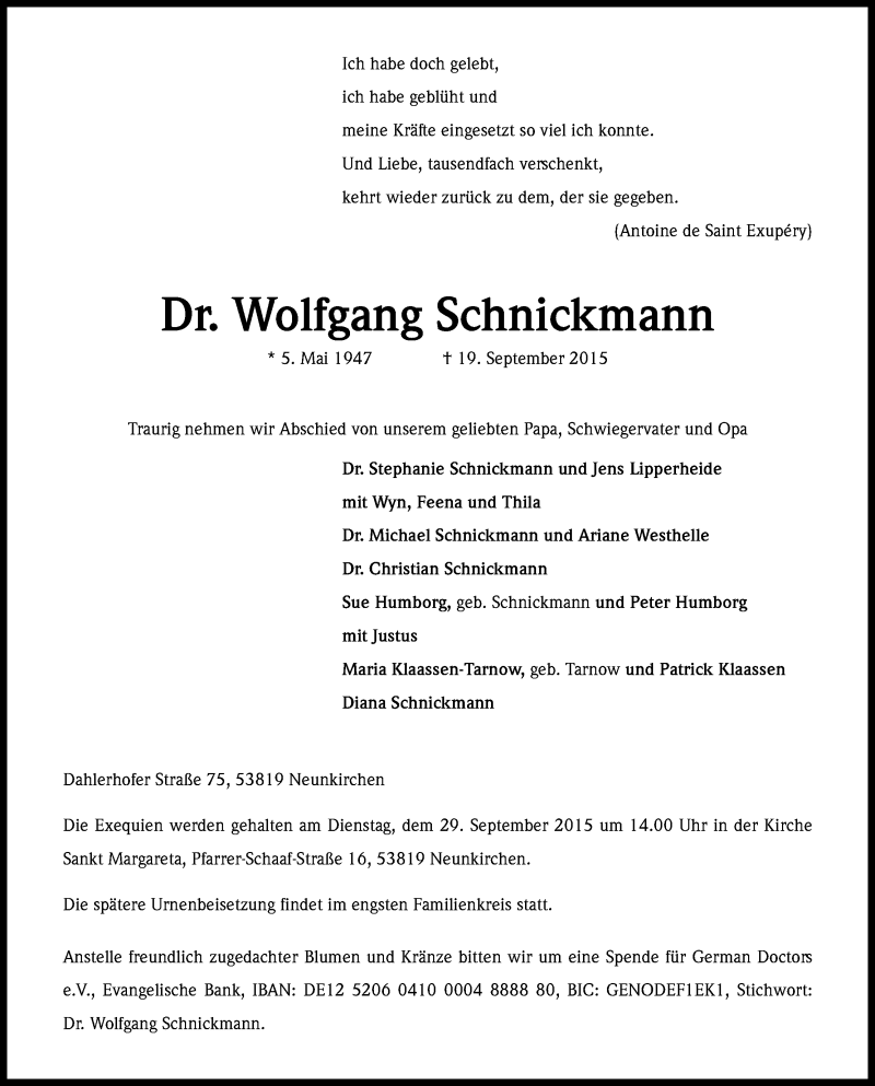  Traueranzeige für Wolfgang Schnickmann vom 26.09.2015 aus Kölner Stadt-Anzeiger / Kölnische Rundschau / Express