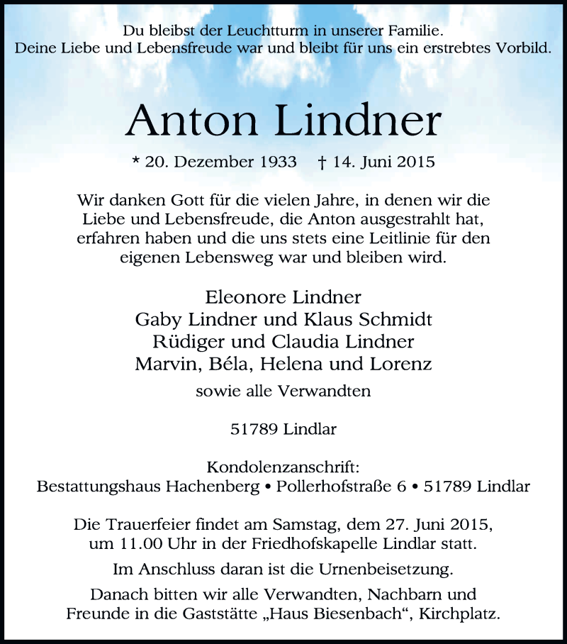  Traueranzeige für Anton Lindner vom 20.06.2015 aus Kölner Stadt-Anzeiger / Kölnische Rundschau / Express