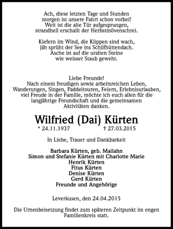 Anzeige von Wilfried  Kürten von Kölner Stadt-Anzeiger / Kölnische Rundschau / Express