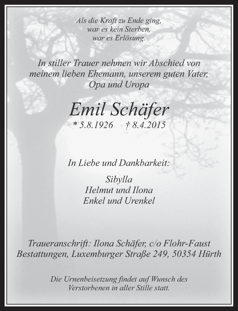  Traueranzeige für Emil Schäfer vom 15.04.2015 aus  Wochenende 