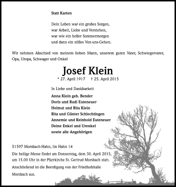 Anzeige von Josef Klein von Kölner Stadt-Anzeiger / Kölnische Rundschau / Express