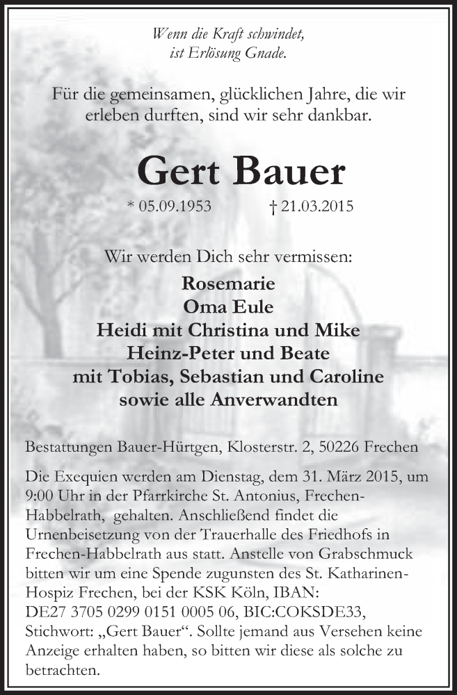  Traueranzeige für Gert Bauer vom 28.03.2015 aus  Sonntags-Post 