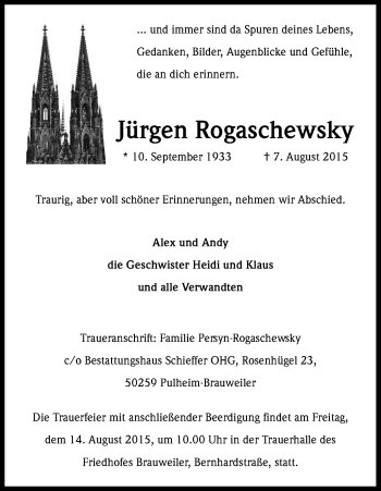 Anzeige von Jürgen Rogaschewsky von Kölner Stadt-Anzeiger / Kölnische Rundschau / Express