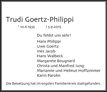 Anzeige von Trudi Goertz-Philippi von Kölner Stadt-Anzeiger / Kölnische Rundschau / Express