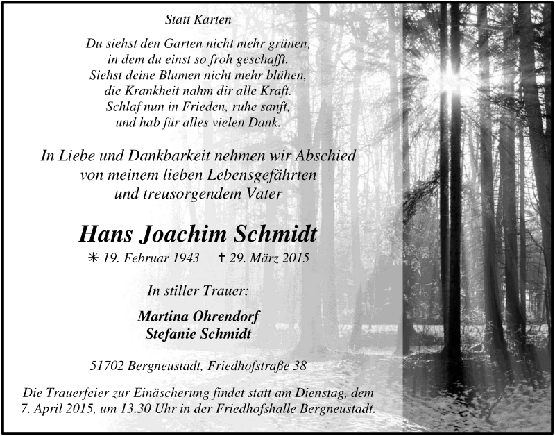 Traueranzeige für Hans Joachim Schmidt vom 01.04.2015 aus  Anzeigen Echo 