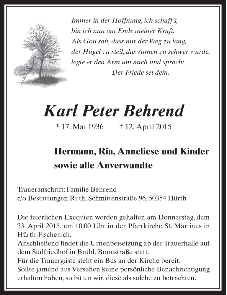  Traueranzeige für Karl Peter Behrend vom 22.04.2015 aus  Schlossbote/Werbekurier 