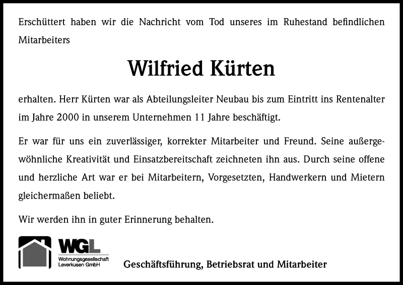  Traueranzeige für Wilfried  Kürten vom 29.04.2015 aus Kölner Stadt-Anzeiger / Kölnische Rundschau / Express