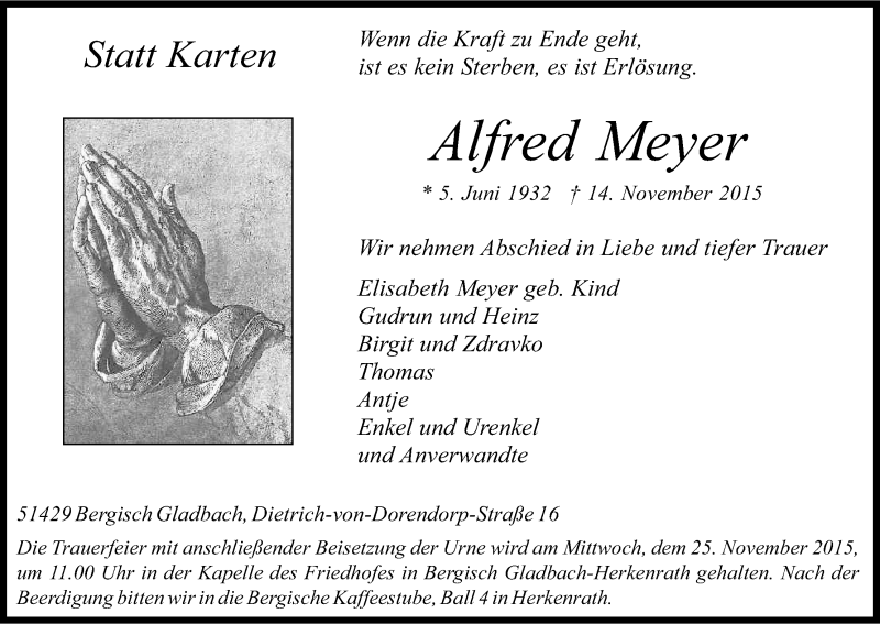  Traueranzeige für Alfred Meyer vom 19.11.2015 aus Kölner Stadt-Anzeiger / Kölnische Rundschau / Express
