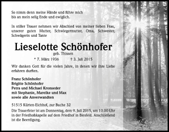 Anzeige von Lieselotte Schönhofer von Kölner Stadt-Anzeiger / Kölnische Rundschau / Express