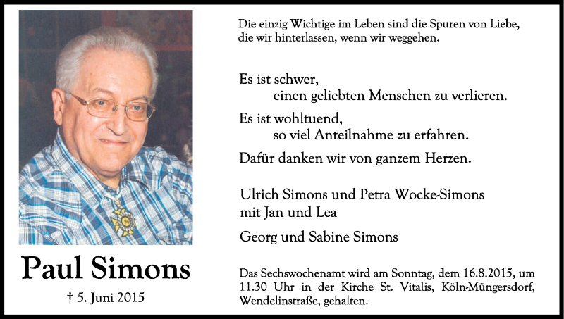  Traueranzeige für Paul Simons vom 18.07.2015 aus Kölner Stadt-Anzeiger / Kölnische Rundschau / Express