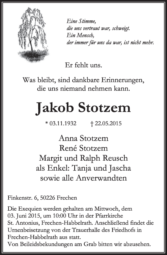  Traueranzeige für Jakob Stotzem vom 30.05.2015 aus  Sonntags-Post 