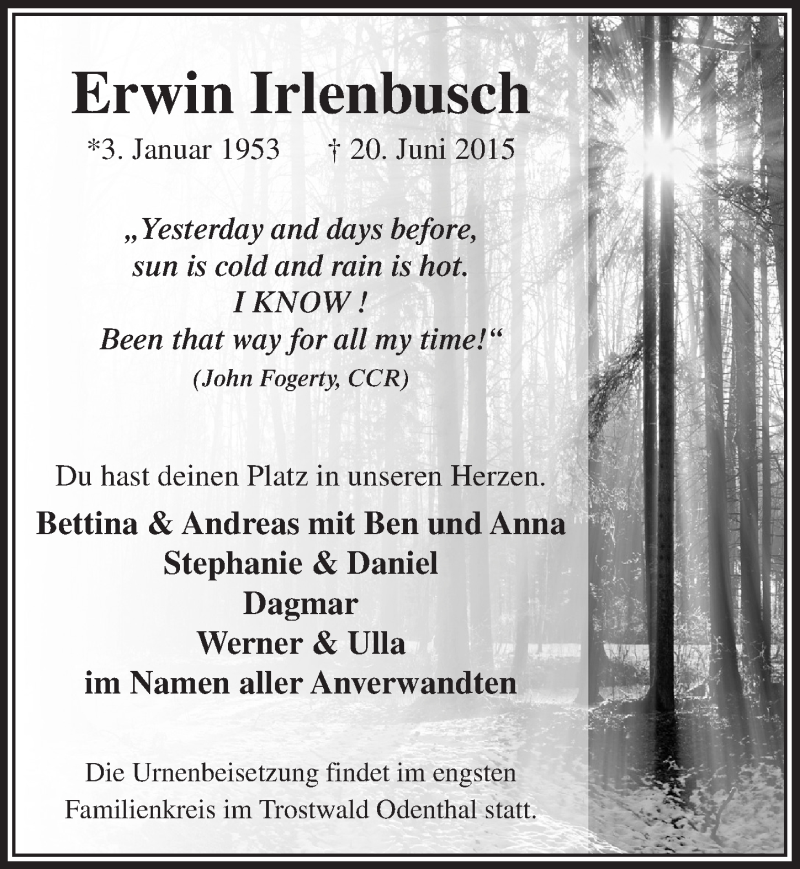  Traueranzeige für Erwin Irlenbusch vom 01.07.2015 aus  Bergisches Handelsblatt 