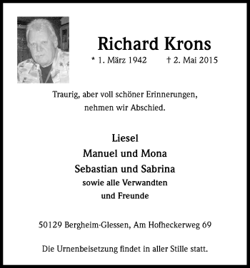 Anzeige von Richard Krons von Kölner Stadt-Anzeiger / Kölnische Rundschau / Express