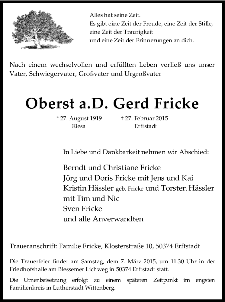  Traueranzeige für Gerd Fricke vom 04.03.2015 aus Kölner Stadt-Anzeiger / Kölnische Rundschau / Express