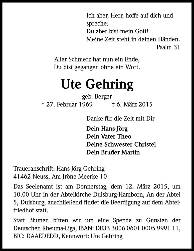  Traueranzeige für Ute Gehring vom 12.03.2015 aus Kölner Stadt-Anzeiger / Kölnische Rundschau / Express
