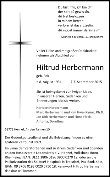 Anzeige von Hiltrud Herbermann von Kölner Stadt-Anzeiger / Kölnische Rundschau / Express