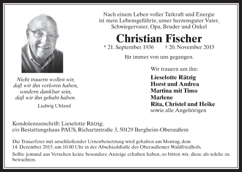  Traueranzeige für Christian Fischer vom 09.12.2015 aus  Werbepost 