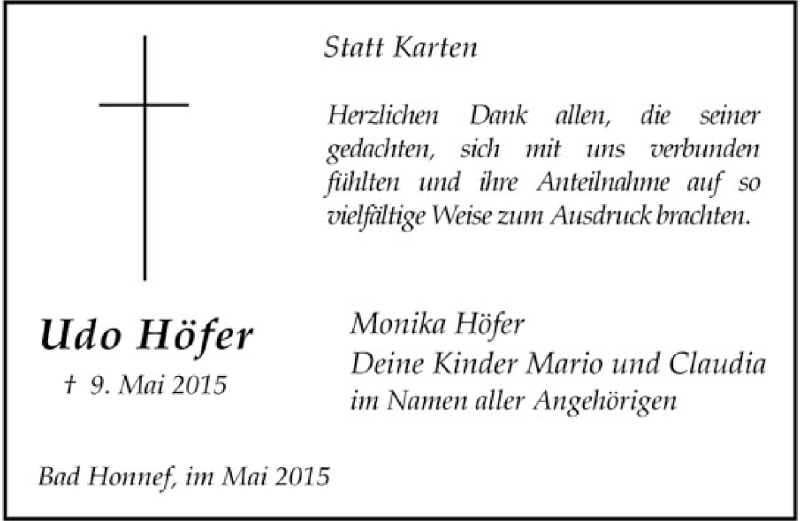  Traueranzeige für Udo Höfer vom 30.05.2015 aus  Rhein-Sieg-Wochenende 