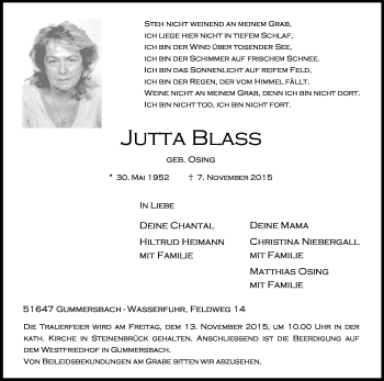Anzeige von Jutta Blass von Kölner Stadt-Anzeiger / Kölnische Rundschau / Express