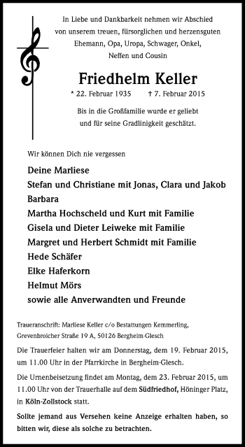 Anzeige von Friedhelm Keller von Kölner Stadt-Anzeiger / Kölnische Rundschau / Express