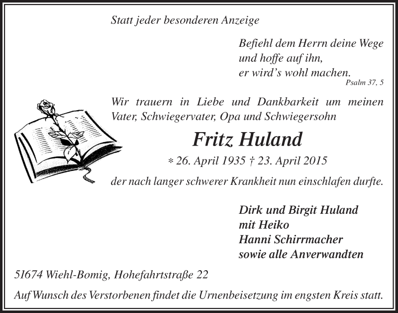  Traueranzeige für Fritz Huland vom 29.04.2015 aus  Anzeigen Echo 