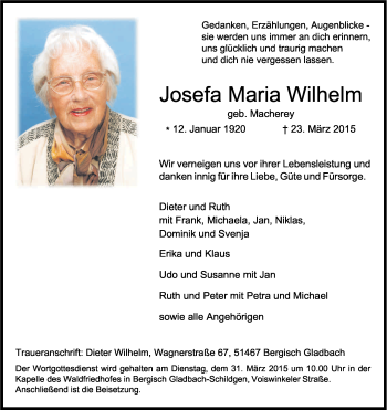 Anzeige von Josefa Maria Wilhelm von Kölner Stadt-Anzeiger / Kölnische Rundschau / Express