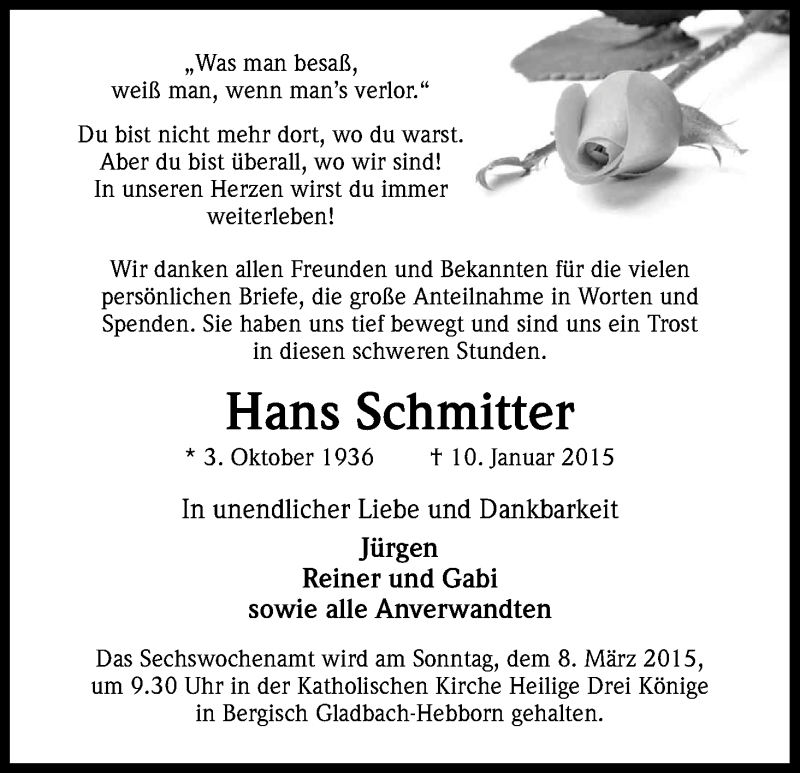  Traueranzeige für Hans Schmitter vom 28.02.2015 aus Kölner Stadt-Anzeiger / Kölnische Rundschau / Express