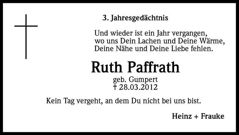  Traueranzeige für Ruth Paffrath vom 28.03.2015 aus Kölner Stadt-Anzeiger / Kölnische Rundschau / Express