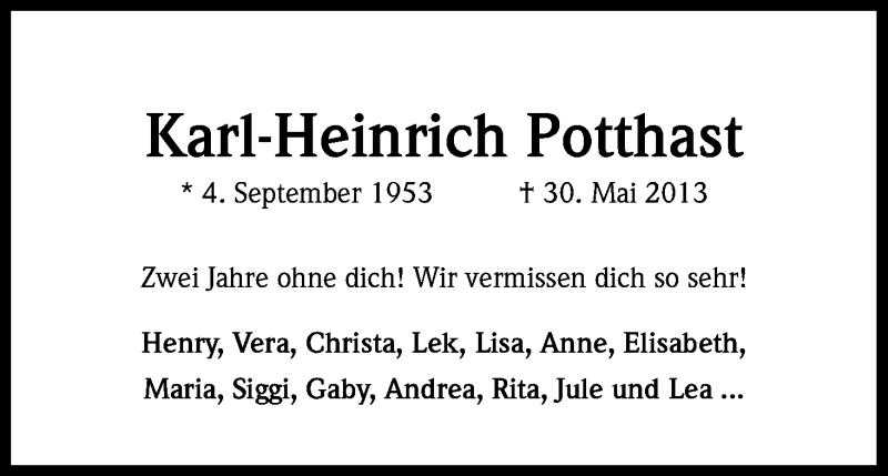  Traueranzeige für Karl-Heinrich Potthast vom 30.05.2015 aus Kölner Stadt-Anzeiger / Kölnische Rundschau / Express