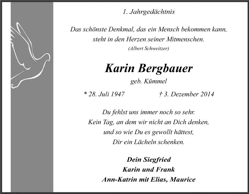  Traueranzeige für Karin Bergbauer vom 05.12.2015 aus Kölner Stadt-Anzeiger / Kölnische Rundschau / Express