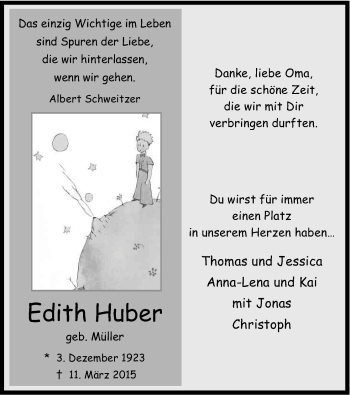 Anzeige von Edith Huber von Kölner Stadt-Anzeiger / Kölnische Rundschau / Express