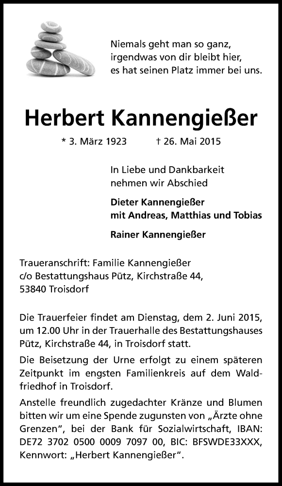  Traueranzeige für Herbert Kannengießer vom 30.05.2015 aus Kölner Stadt-Anzeiger / Kölnische Rundschau / Express