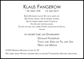 Anzeige von Klaus Fangerow von Kölner Stadt-Anzeiger / Kölnische Rundschau / Express