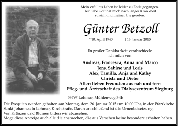 Anzeige von Günter Betzoll von Kölner Stadt-Anzeiger / Kölnische Rundschau / Express
