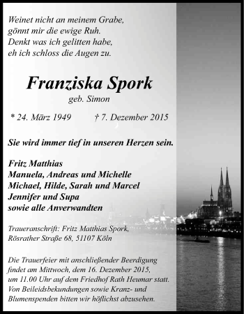 Anzeige von Franziska Spork von Kölner Stadt-Anzeiger / Kölnische Rundschau / Express