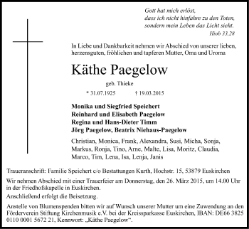 Anzeige von Käthe Paegelow von Kölner Stadt-Anzeiger / Kölnische Rundschau / Express