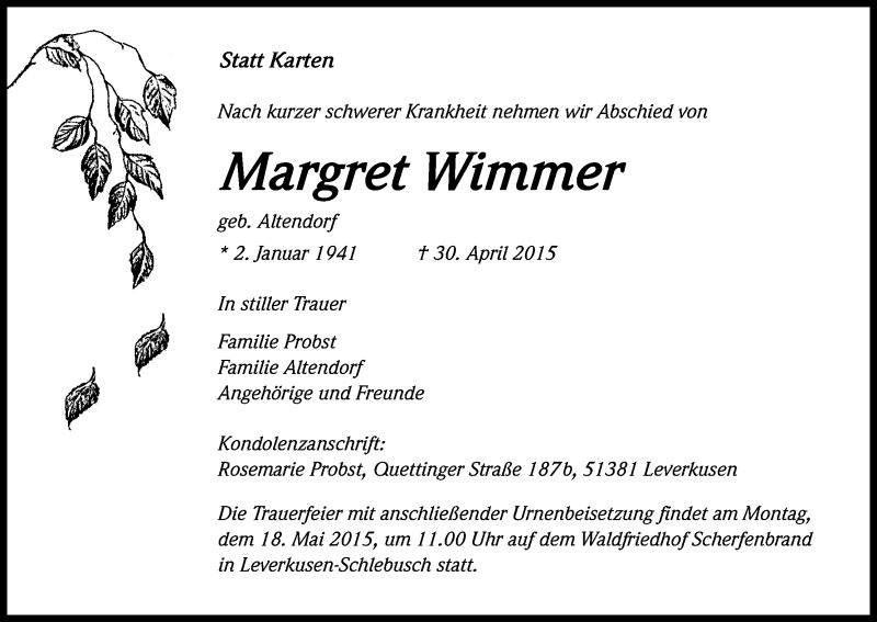  Traueranzeige für Margret Wimmer vom 13.05.2015 aus Kölner Stadt-Anzeiger / Kölnische Rundschau / Express