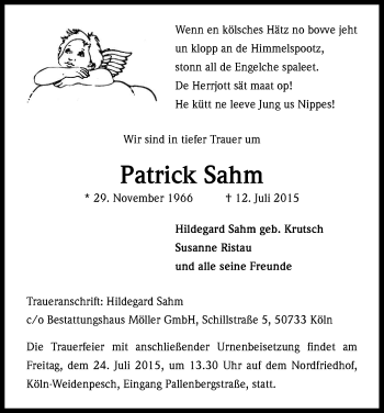 Anzeige von Patrick Sahm von Kölner Stadt-Anzeiger / Kölnische Rundschau / Express
