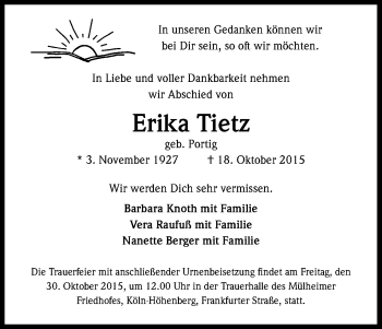 Anzeige von Erika Tietz von Kölner Stadt-Anzeiger / Kölnische Rundschau / Express