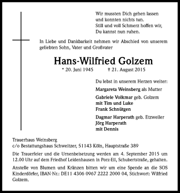 Anzeige von Hans-Wilfried Golzem von Kölner Stadt-Anzeiger / Kölnische Rundschau / Express