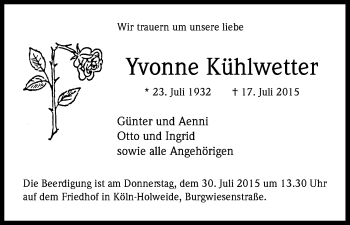 Anzeige von Yvonne Kühlwetter von Kölner Stadt-Anzeiger / Kölnische Rundschau / Express