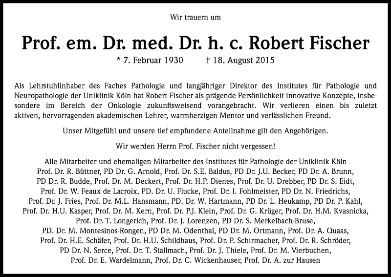  Traueranzeige für Robert Fischer vom 29.08.2015 aus Kölner Stadt-Anzeiger / Kölnische Rundschau / Express