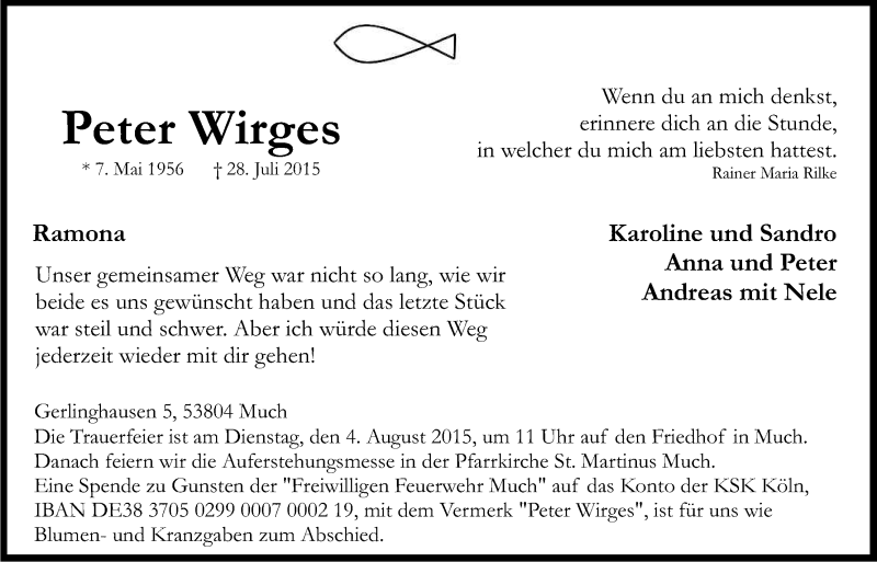  Traueranzeige für Peter Wirges vom 01.08.2015 aus Kölner Stadt-Anzeiger / Kölnische Rundschau / Express