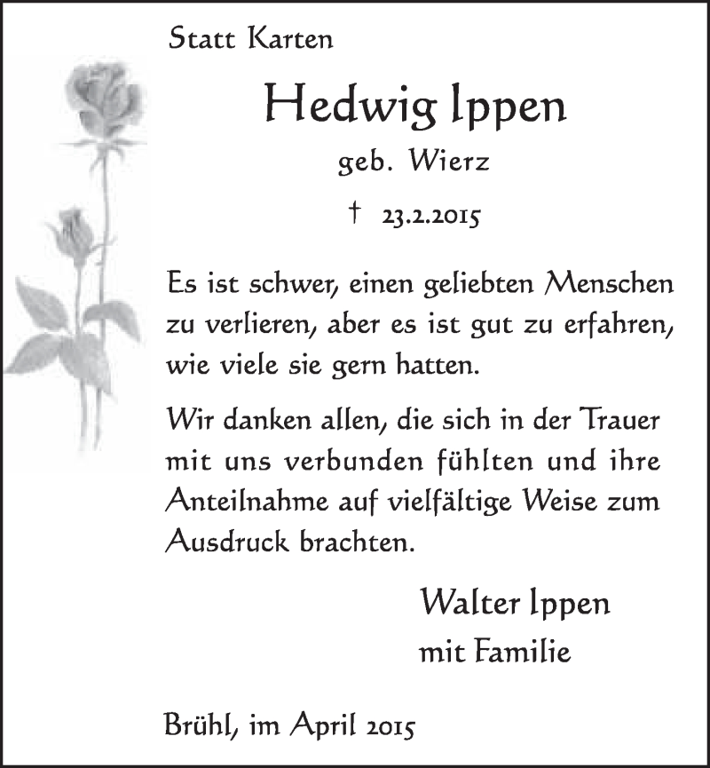  Traueranzeige für Hedwig Ippen vom 01.04.2015 aus  Schlossbote/Werbekurier 
