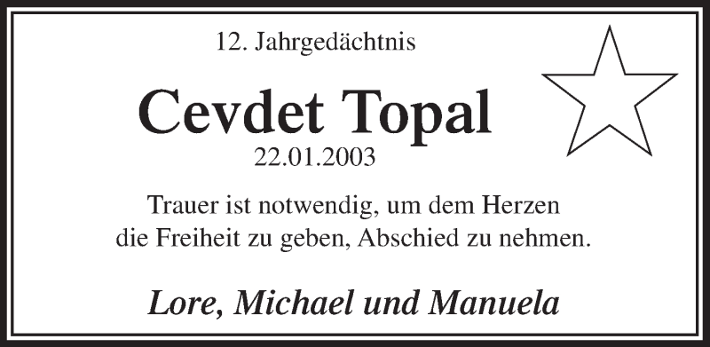  Traueranzeige für Cevdet Topal vom 21.01.2015 aus  Extra Blatt 